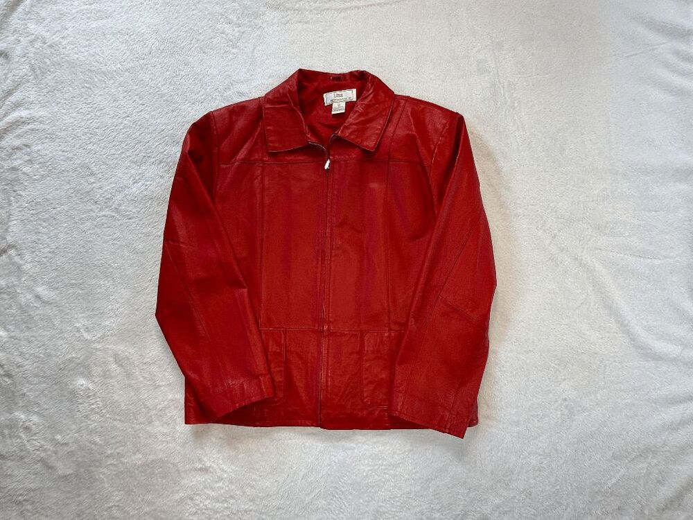 Lisa International Red Leather Zip Up Jacket Size XL Bold Classic Old Money